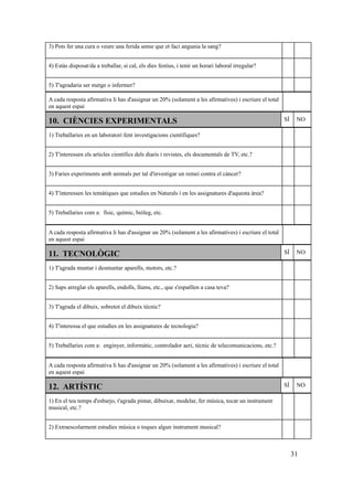 3) Pots fer una cura o veure una ferida sense que et faci angunia la sang?
4) Estàs disposat/da a treballar, si cal, els dies festius, i tenir un horari laboral irregular?
5) T'agradaria ser metge o infermer?
A cada resposta afirmativa li has d'assignar un 20% (solament a les afirmatives) i escriure el total
en aquest espai
10. CIÈNCIES EXPERIMENTALS SÍ NO
1) Treballaries en un laboratori fent investigacions científiques?
2) T'interessen els articles científics dels diaris i revistes, els documentals de TV, etc.?
3) Faries experiments amb animals per tal d'investigar un remei contra el càncer?
4) T'interessen les temàtiques que estudies en Naturals i en les assignatures d'aquesta àrea?
5) Treballaries com a: físic, químic, biòleg, etc.
A cada resposta afirmativa li has d'assignar un 20% (solament a les afirmatives) i escriure el total
en aquest espai
11. TECNOLÒGIC SÍ NO
1) T'agrada muntar i desmuntar aparells, motors, etc.?
2) Saps arreglar els aparells, endolls, llums, etc., que s'espatllen a casa teva?
3) T'agrada el dibuix, sobretot el dibuix tècnic?
4) T'interessa el que estudies en les assignatures de tecnologia?
5) Treballaries com a: enginyer, informàtic, controlador aeri, tècnic de telecomunicacions, etc.?
A cada resposta afirmativa li has d'assignar un 20% (solament a les afirmatives) i escriure el total
en aquest espai
12. ARTÍSTIC SÍ NO
1) En el teu temps d'esbarjo, t'agrada pintar, dibuixar, modelar, fer música, tocar un instrument
musical, etc.?
2) Extraescolarment estudies música o toques algun instrument musical?
31
 