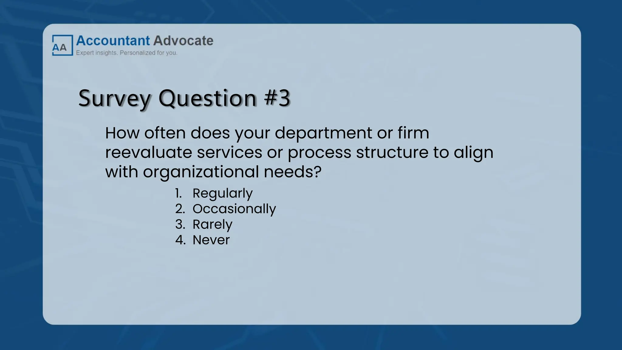 Survey Question #3
How often does your department or firm
reevaluate services or process structure to align
with organizational needs?
1. Regularly
2. Occasionally
3. Rarely
4. Never
 
