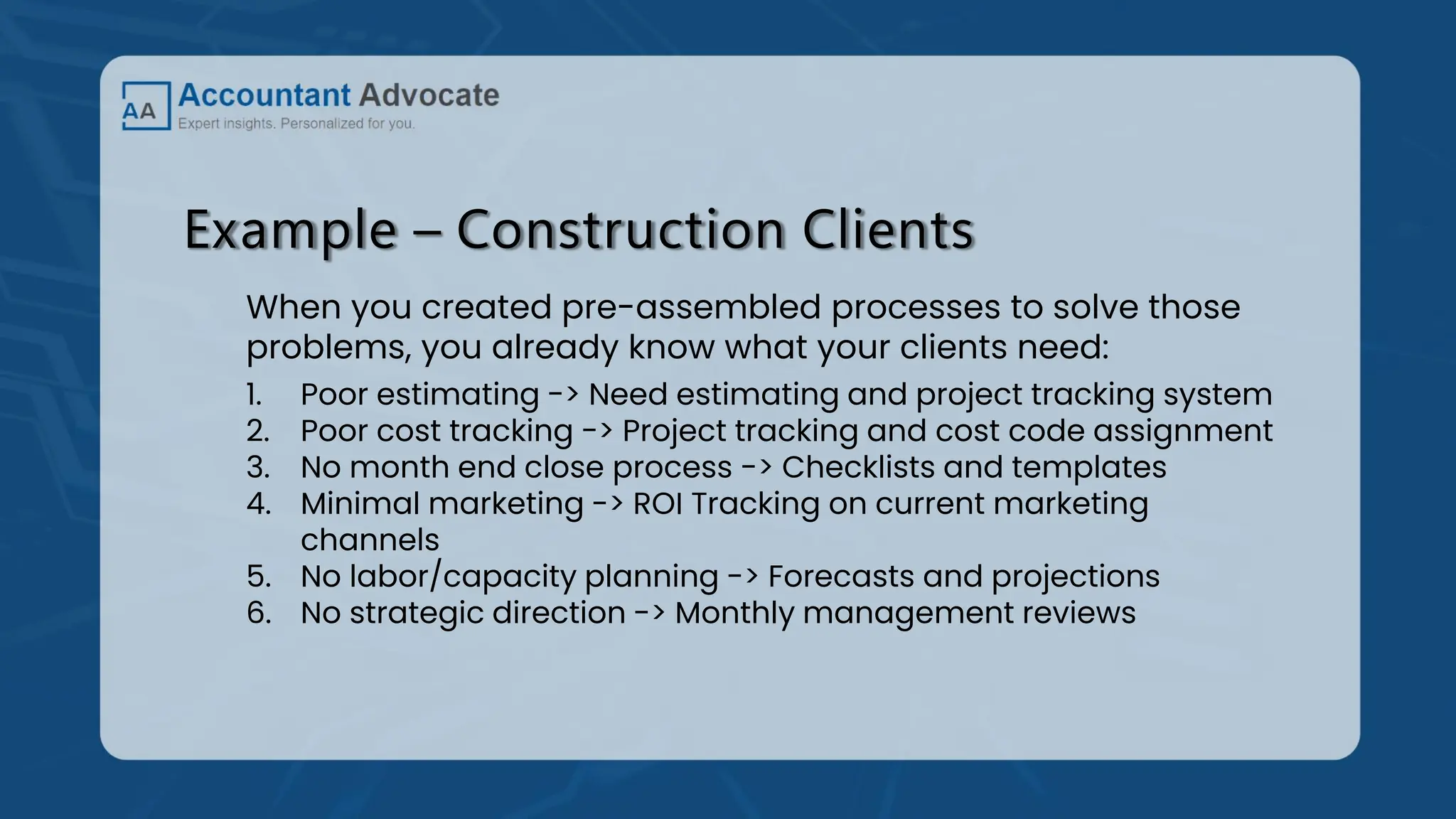 Example – Construction Clients
When you created pre-assembled processes to solve those
problems, you already know what your clients need:
1. Poor estimating -> Need estimating and project tracking system
2. Poor cost tracking -> Project tracking and cost code assignment
3. No month end close process -> Checklists and templates
4. Minimal marketing -> ROI Tracking on current marketing
channels
5. No labor/capacity planning -> Forecasts and projections
6. No strategic direction -> Monthly management reviews
 