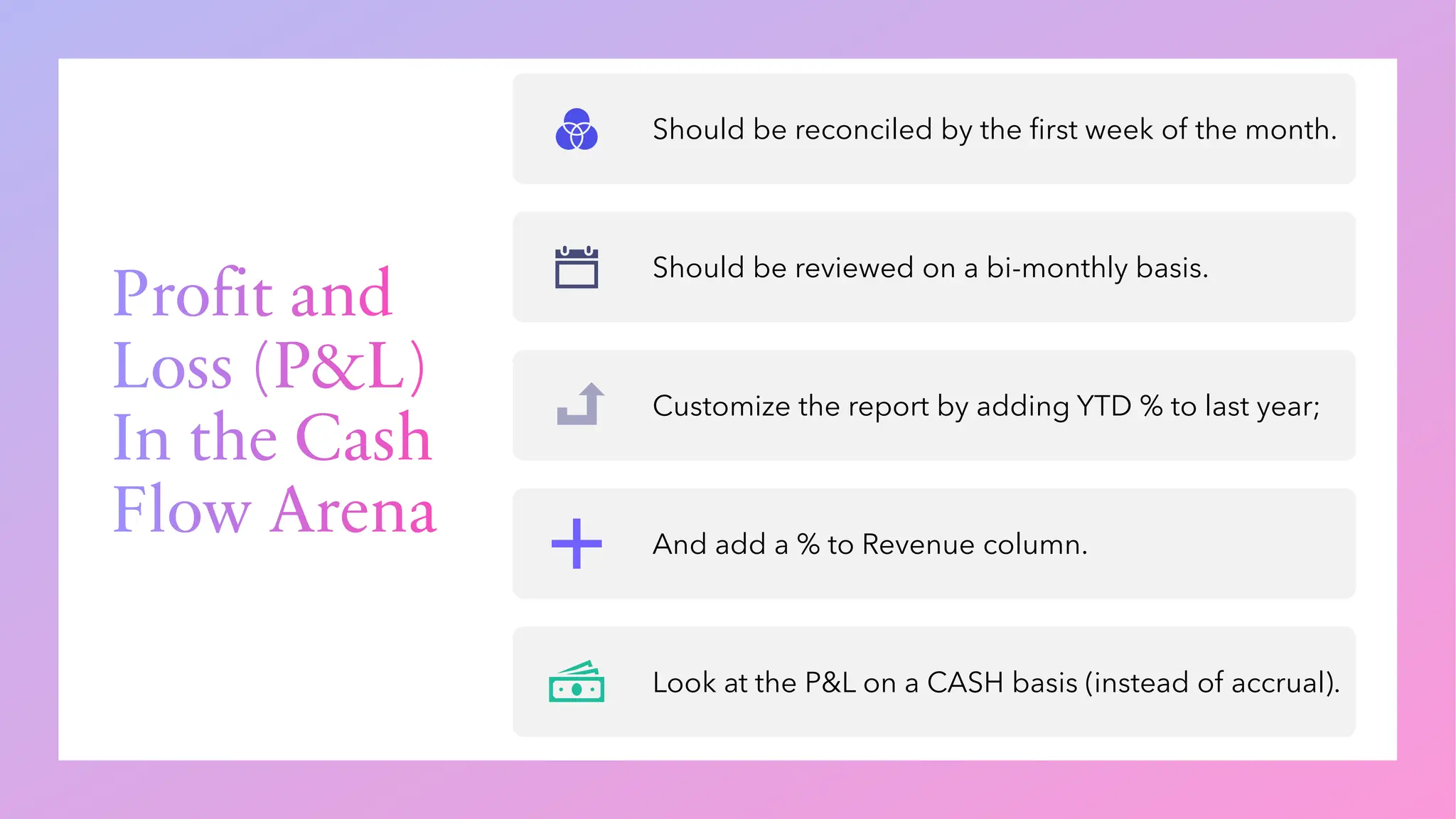Profit and
Loss (P&L)
In the Cash
Flow Arena
Should be reconciled by the first week of the month.
Should be reviewed on a bi-monthly basis.
Customize the report by adding YTD % to last year;
And add a % to Revenue column.
Look at the P&L on a CASH basis (instead of accrual).
 