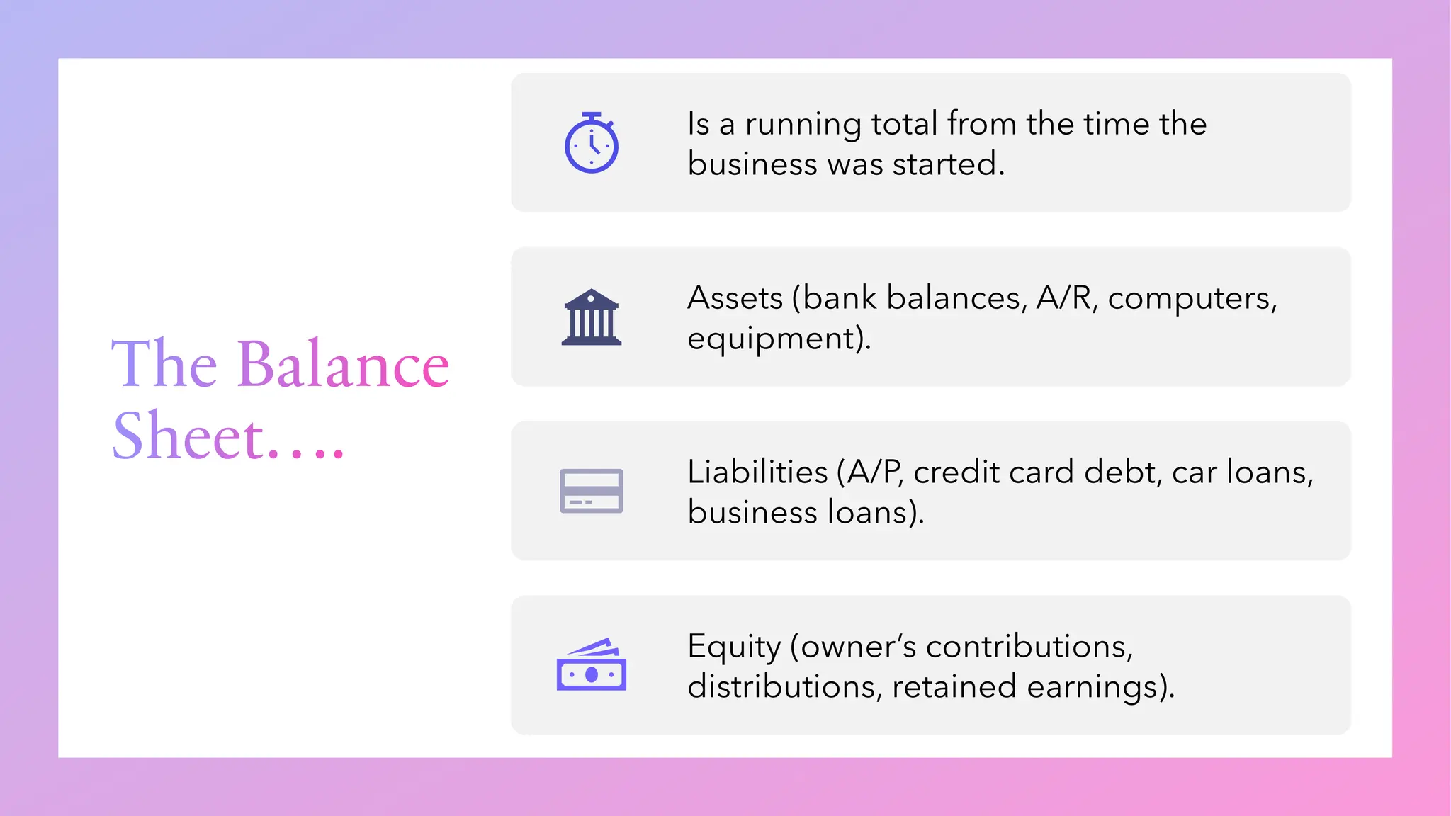 The Balance
Sheet….
Is a running total from the time the
business was started.
Assets (bank balances, A/R, computers,
equipment).
Liabilities (A/P, credit card debt, car loans,
business loans).
Equity (owner’s contributions,
distributions, retained earnings).
 