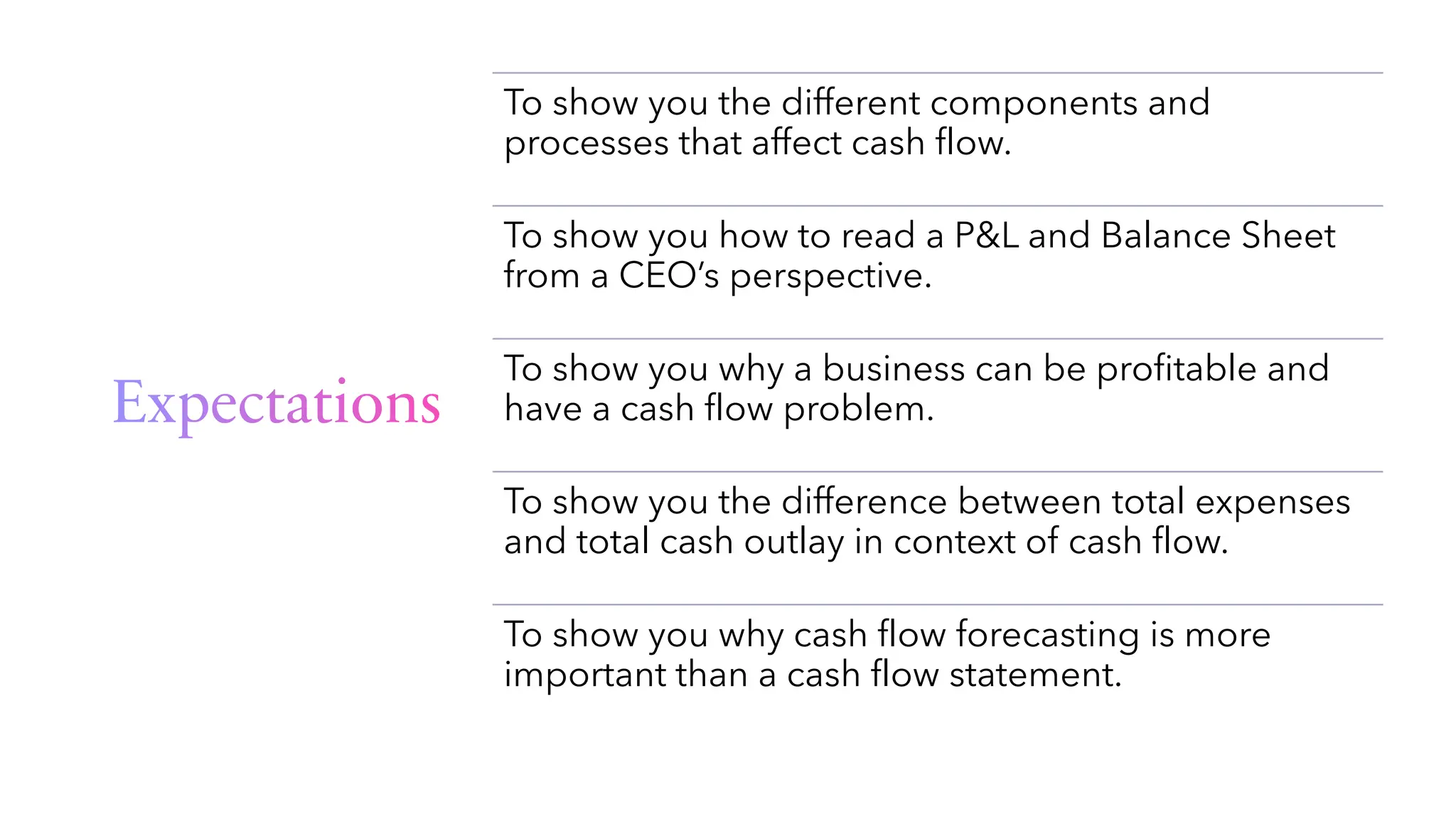Expectations
To show you the different components and
processes that affect cash flow.
To show you how to read a P&L and Balance Sheet
from a CEO’s perspective.
To show you why a business can be profitable and
have a cash flow problem.
To show you the difference between total expenses
and total cash outlay in context of cash flow.
To show you why cash flow forecasting is more
important than a cash flow statement.
 