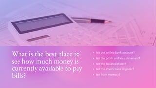 What is the best place to
see how much money is
currently available to pay
bills?
▪ Is it the online bank account?
▪ Is it the profit and loss statement?
▪ Is it the balance sheet?
▪ Is it the check book register?
▪ Is it from memory?
 
