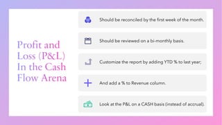 Profit and
Loss (P&L)
In the Cash
Flow Arena
Should be reconciled by the first week of the month.
Should be reviewed on a bi-monthly basis.
Customize the report by adding YTD % to last year;
And add a % to Revenue column.
Look at the P&L on a CASH basis (instead of accrual).
 