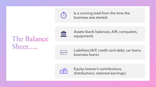 The Balance
Sheet….
Is a running total from the time the
business was started.
Assets (bank balances, A/R, computers,
equipment).
Liabilities (A/P, credit card debt, car loans,
business loans).
Equity (owner’s contributions,
distributions, retained earnings).
 