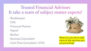 Trusted Financial Advisors
It take a team of subject matter experts!
▪
▪
▪
▪
▪
▪
▪
What can you do to add
value to the services you
are providing?
 