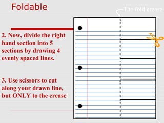 Foldable
2. Now, divide the right
hand section into 5
sections by drawing 4
evenly spaced lines.
The fold crease
3. Use scissors to cut
along your drawn line,
but ONLY to the crease!
 