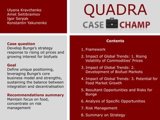Ulyana Kravchenko
Amet Seitibraimov
Igor Serpak
                                     QUADRA
Konstantin Yakunenko




                                                   Contents
Case question
Develop Bunge’s strategy            1. Framework
response to rising oil prices and
growing interest for biofuels       2. Impact of Global Trends: 1. Rising
                                       Volatility of Commodities’ Prices
Goal
                                    3. Impact of Global Trends: 2.
Define unique positioning,
                                       Development of Biofuel Markets
leveraging Bunge’s core
business model and strengths,       4. Impact of Global Trends: 3. Potential for
sustaining the balance between         Food Market Growth
integration and decentralisation
                                    5. Resultant Opportunities and Risks for
Recommendations summary                Bunge
Maintain focus on food,
                                    6. Analysis of Specific Opportunities
concentrate on risk
management                          7. Risk Management
                                    8. Summary on Strategy
 