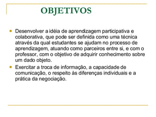 OBJETIVOS Desenvolver a idéia de aprendizagem participativa e colaborativa, que pode ser definida como uma técnica através da qual estudantes se ajudam no processo de aprendizagem, atuando como parceiros entre si, e com o professor, com o objetivo de adquirir conhecimento sobre um dado objeto. Exercitar a troca de informação, a capacidade de comunicação, o respeito às diferenças individuais e a prática da negociação.  