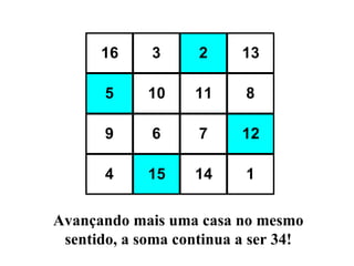 Avançando mais uma casa no mesmo sentido, a soma continua a ser 34! 