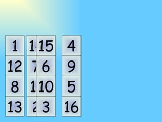 11 10 7 6 14 15 2 3 5 9 4 16 8 12 1 13 