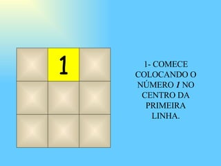 1 1- COMECE COLOCANDO O NÚMERO  1  NO CENTRO DA PRIMEIRA LINHA. 