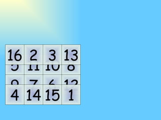 11 10 7 6 14 15 2 3 5 9 4 16 8 12 1 13 