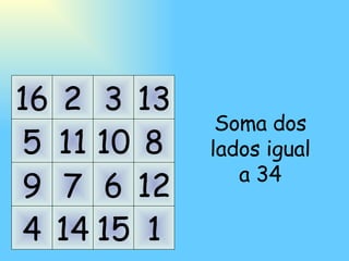 11 10 7 6 14 15 2 3 5 9 4 16 8 12 1 13 Soma dos lados igual a 34 