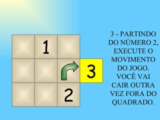 2 1 3 3 - PARTINDO DO NÚMERO 2, EXECUTE O MOVIMENTO DO JOGO. VOCÊ VAI CAIR OUTRA VEZ FORA DO QUADRADO. 