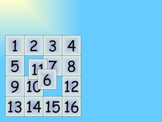 1 5 9 13 2 10 14 3 7 15 4 8 12 16 11 6 