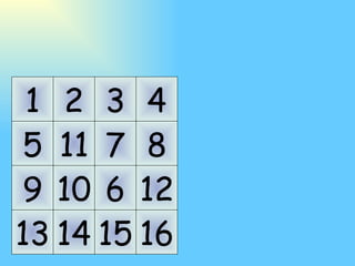 1 5 9 13 2 10 14 3 7 15 4 8 12 16 11 6 