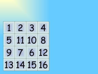 1 5 9 13 2 6 14 3 11 15 4 8 12 16 7 10 