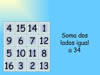 5 11 8 10 9 7 12 6 1 14 4 15 16 13 2 3 Soma dos lados igual a 34 