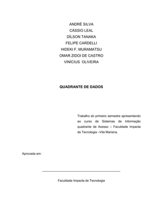 ANDRÉ SILVA
                              CÁSSIO LEAL
                             DÍLSON TANAKA
                            FELIPE CARDELLI
                         HIDEKI F. MURAMATSU
                        OMAR ZIDOI DE CASTRO
                           VINÍCIUS OLIVEIRA




                        QUADRANTE DE DADOS




                                   Trabalho do primeiro semestre apresentando
                                   ao   curso   de   Sistemas     de   Informação
                                   quadrante de Acesso – Faculdade Impacta
                                   de Tecnologia –Vila Mariana.




Aprovada em:




               _____________________________________________


                       Faculdade Impacta de Tecnologia
 