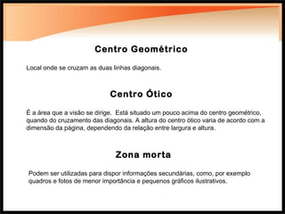 Centro Geométrico Local onde se cruzam as duas linhas diagonais. Centro Ótico É a área que a visão se dirige.  Está situado um pouco acima do centro geométrico, quando do cruzamento das diagonais. A altura do centro ótico varia de acordo com a dimensão da página, dependendo da relação entre largura e altura. Zona morta Podem ser utilizadas para dispor informações secundárias, como, por exemplo quadros e fotos de menor importância e pequenos gráficos ilustrativos. 