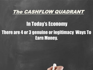 The CASHFLOW QUADRANT In Today’s Economy There are 4 or 3 genuine or legitimacy  Ways To Earn Money.                       