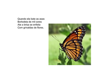 Quando ela bate as asas Borboleta de mil cores  Ate a brisa se enfeita Com grinaldas de flores. 