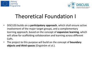 Theoretical Foundation I
• DISCUSS builds on a participatory approach, which shall ensure active
involvement of the major ...