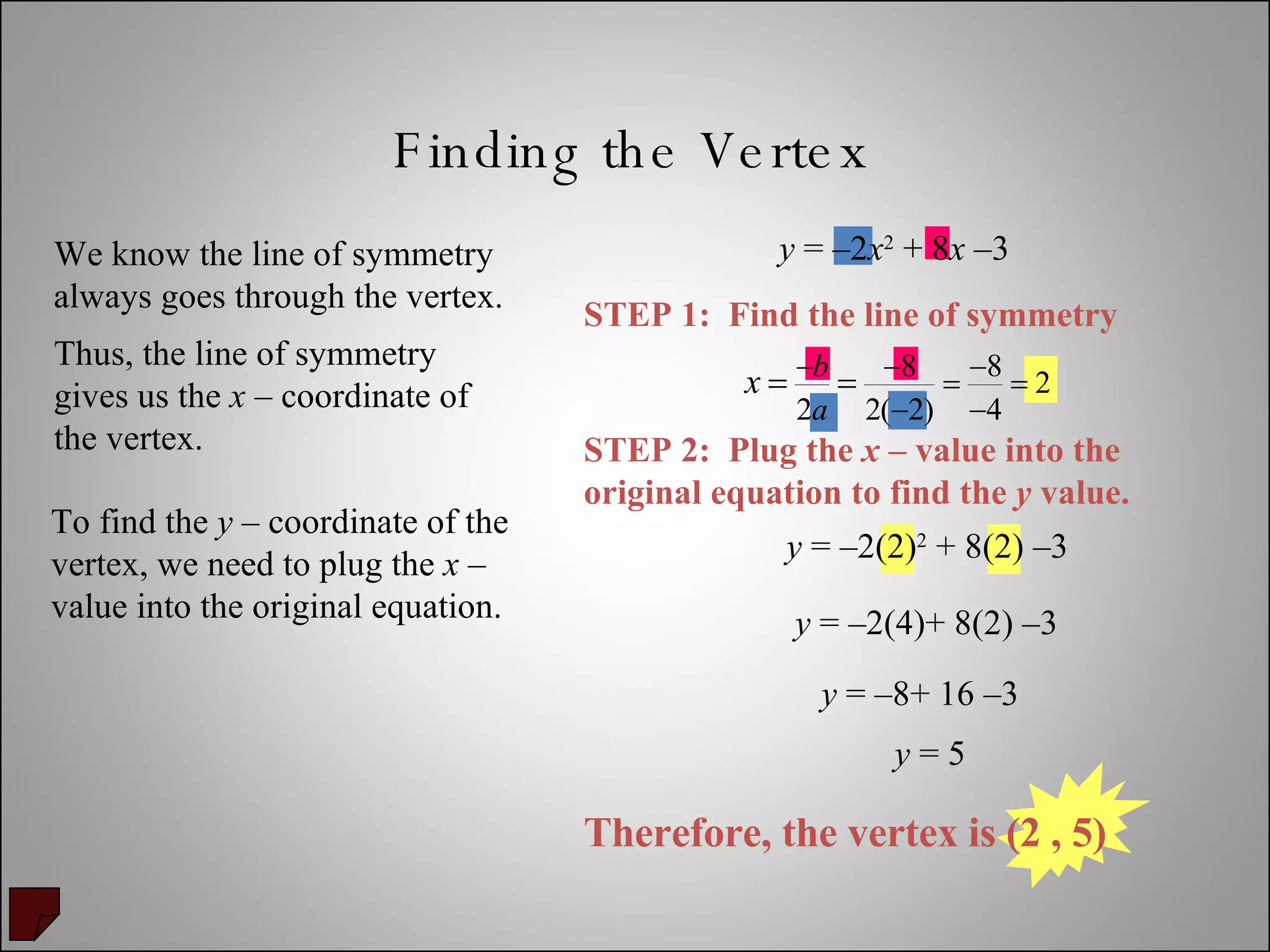 Finding the Vertex We know the line of symmetry always goes through the vertex. Thus, the line of symmetry gives us the  x  – coordinate of the vertex. To find the  y  – coordinate of the vertex, we need to plug the  x  – value into the original equation. STEP 1:  Find the line of symmetry STEP 2:  Plug the  x  – value into the original equation to find the  y  value. y  = –2 x 2  + 8 x  –3  y  = –2(2) 2  + 8(2) –3  y  = –2(4)+ 8(2) –3  y  = –8+ 16 –3  y  = 5  Therefore, the vertex is (2 , 5) 