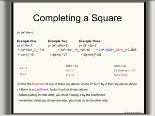 Completing a Square
y= ax²+bx+c
Example One Example Two Example Three
y= x² +6x-7 y= 3x² +24x+21 y= 2x² +5x+2
= (x² +6x+_9_)-7-9 = 3(x² +8x+_16_)+21-48 = 2(x² +5/2x+_25/16_)+2-25/8
= (x+3)²-16 = 3(x+4) ²-27 = 2(x+5/4)²-9/8
-to find the final term of any of these equations: divide 2nd
term by 2 then square as shown
- if there is a coefficient, factor it out as shown above
- before putting in final term, you must multiply it by the coefficient
- remember, what you do on one side, you must do to the other side
6/2 = 3
3² = 9
factor 3 out
8/2 = 4
4² = 16
factor 2 out
5/2 divide by 2 = 5/4
5/4² = 25/16
 