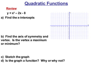 Quadratic Functions Review y = x 2  – 2x - 8 a)  Find the x-intercepts b)  Find the axis of symmetry and vertex.  Is the vertex a maximum or minimum? c)  Sketch the graph d)  Is the graph a function?  Why or why not? 