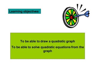 Learning objectives To be able to draw a quadratic graph To be able to solve quadratic equations from the graph