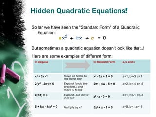 Hidden Quadratic Equations!

So far we have seen the "Standard Form" of a Quadratic
  Equation:


But sometimes a quadrati...