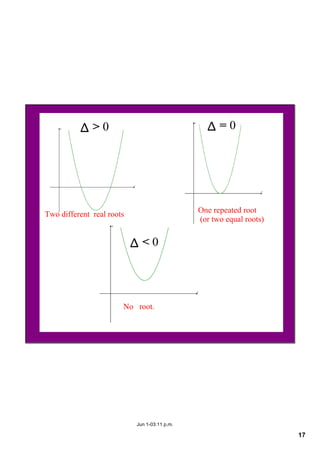 17
Jun 1­03:11 p.m.
Δ > 0    Δ = 0 
Δ < 0 
Two different  real roots
One repeated root
 (or two equal roots)
No   root.
 