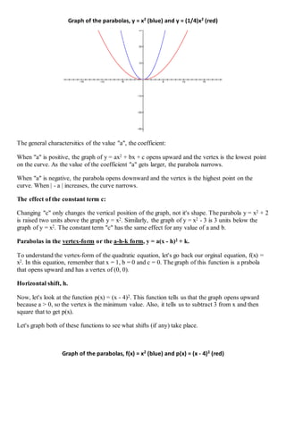 Graph of the parabolas, y = x2
(blue) and y = (1/4)x2
(red)
The general charactersitics of the value "a", the coefficient:
When "a" is positive, the graph of y = ax2 + bx + c opens upward and the vertex is the lowest point
on the curve. As the value of the coefficient "a" gets larger, the parabola narrows.
When "a" is negative, the parabola opens downward and the vertex is the highest point on the
curve. When | - a | increases, the curve narrows.
The effect of the constant term c:
Changing "c" only changes the vertical position of the graph, not it's shape. The parabola y = x2 + 2
is raised two units above the graph y = x2. Similarly, the graph of y = x2 - 3 is 3 units below the
graph of y = x2. The constant term "c" has the same effect for any value of a and b.
Parabolas in the vertex-form or the a-h-k form, y = a(x - h)2 + k.
To understand the vertex-form of the quadratic equation, let's go back our orginal equation, f(x) =
x2. In this equation, remember that x = 1, b = 0 and c = 0. The graph of this function is a prabola
that opens upward and has a vertex of (0, 0).
Horizontal shift, h.
Now, let's look at the function p(x) = (x - 4)2. This function tells us that the graph opens upward
because a > 0, so the vertex is the minimum value. Also, it tells us to subtract 3 from x and then
square that to get p(x).
Let's graph both of these functions to see what shifts (if any) take place.
Graph of the parabolas, f(x) = x2
(blue) and p(x) = (x - 4)2
(red)
 