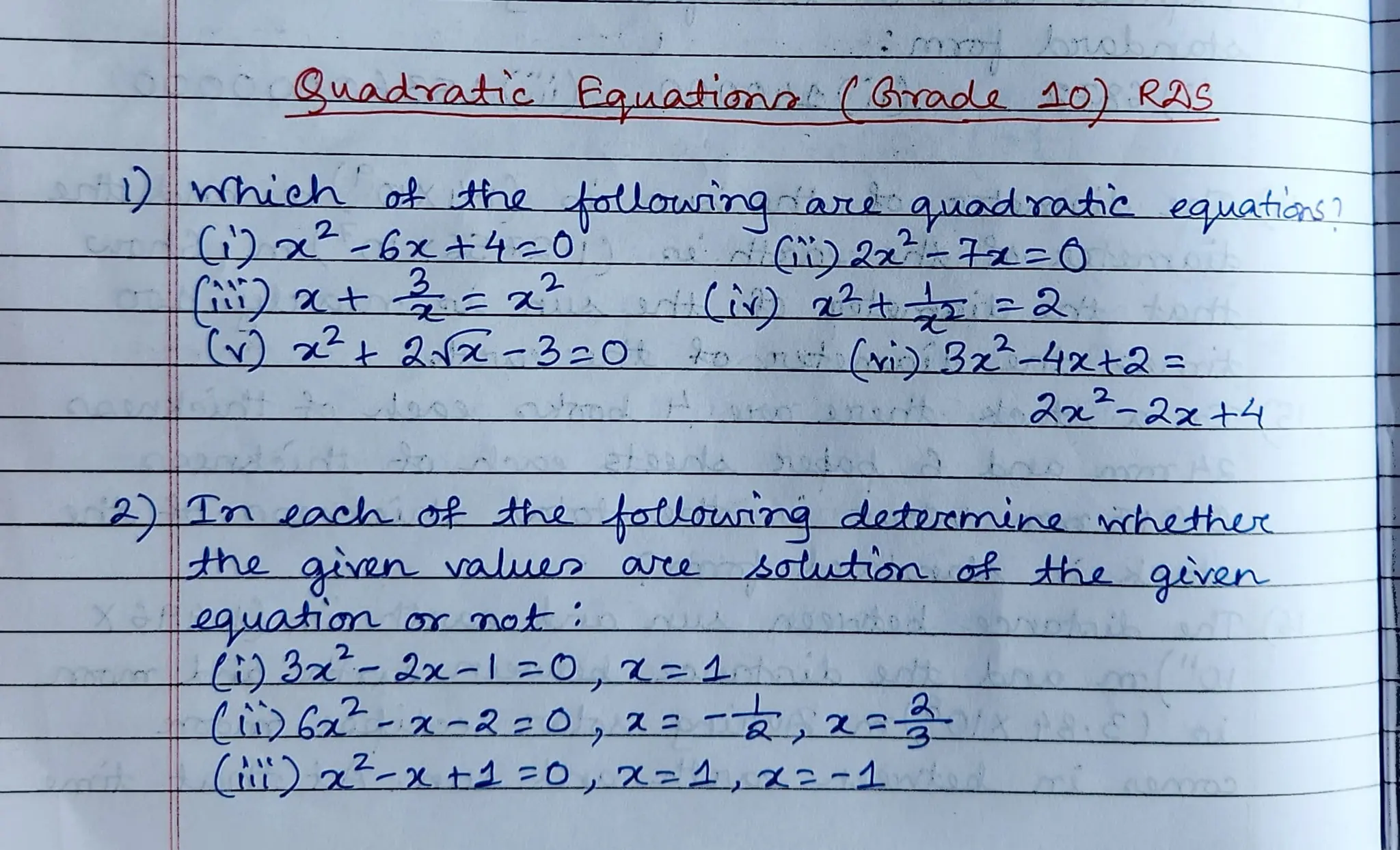 Grade 10 - CBSE - Quadratic Equations - Worksheet (RDS) | PPT