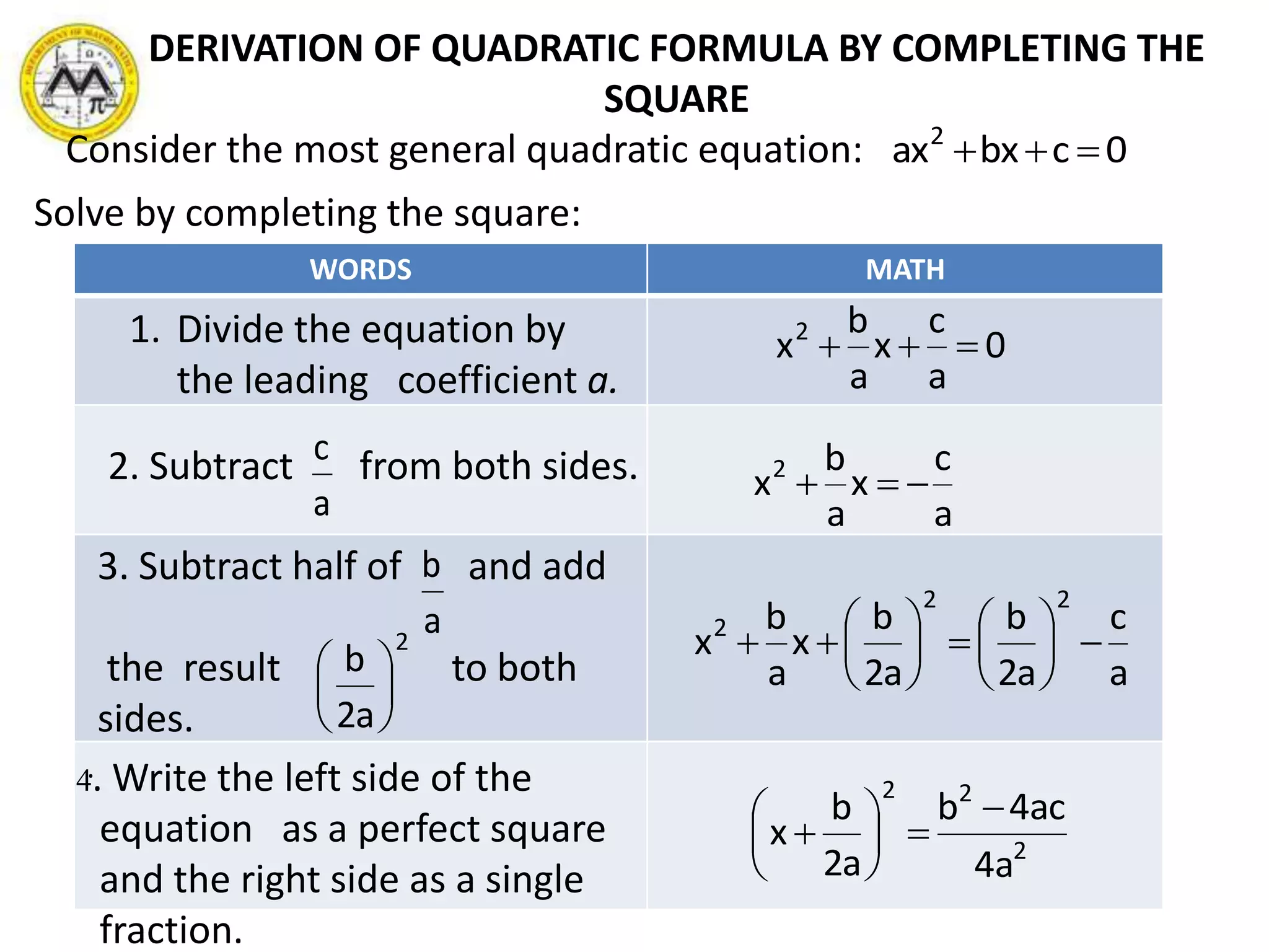 Week 3 Day 3SOLVING QUADRATIC EQUATIONS BY SQUARE ROOT METHODThe Square Root Property states that if an expression squared is equal to a constant , then the expression is equal to the positive or negative square root of the constant.