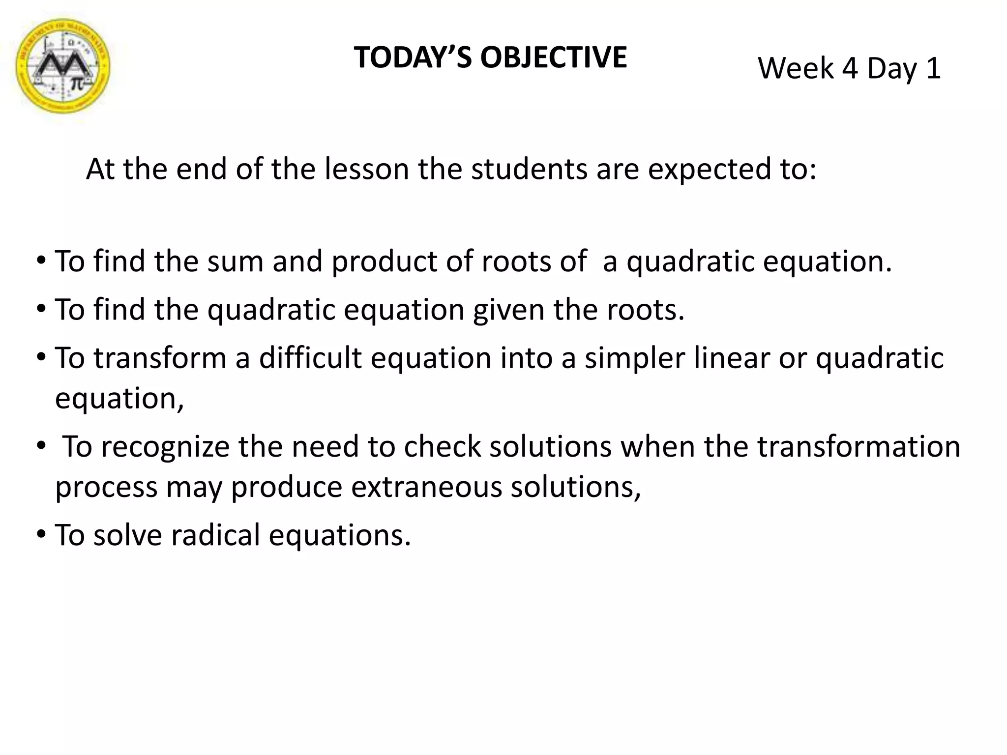 DERIVATION OF QUADRATIC FORMULA BY COMPLETING THE SQUAREConsider the most general quadratic equation:  Solve by completing the square:  Divide the equation by the leading   coefficient a.2. Subtract       from both sides.3. Subtract half of       and add the  result                  to both sides.4. Write the left side of the equation   as a perfect square and the right side as a single fraction.