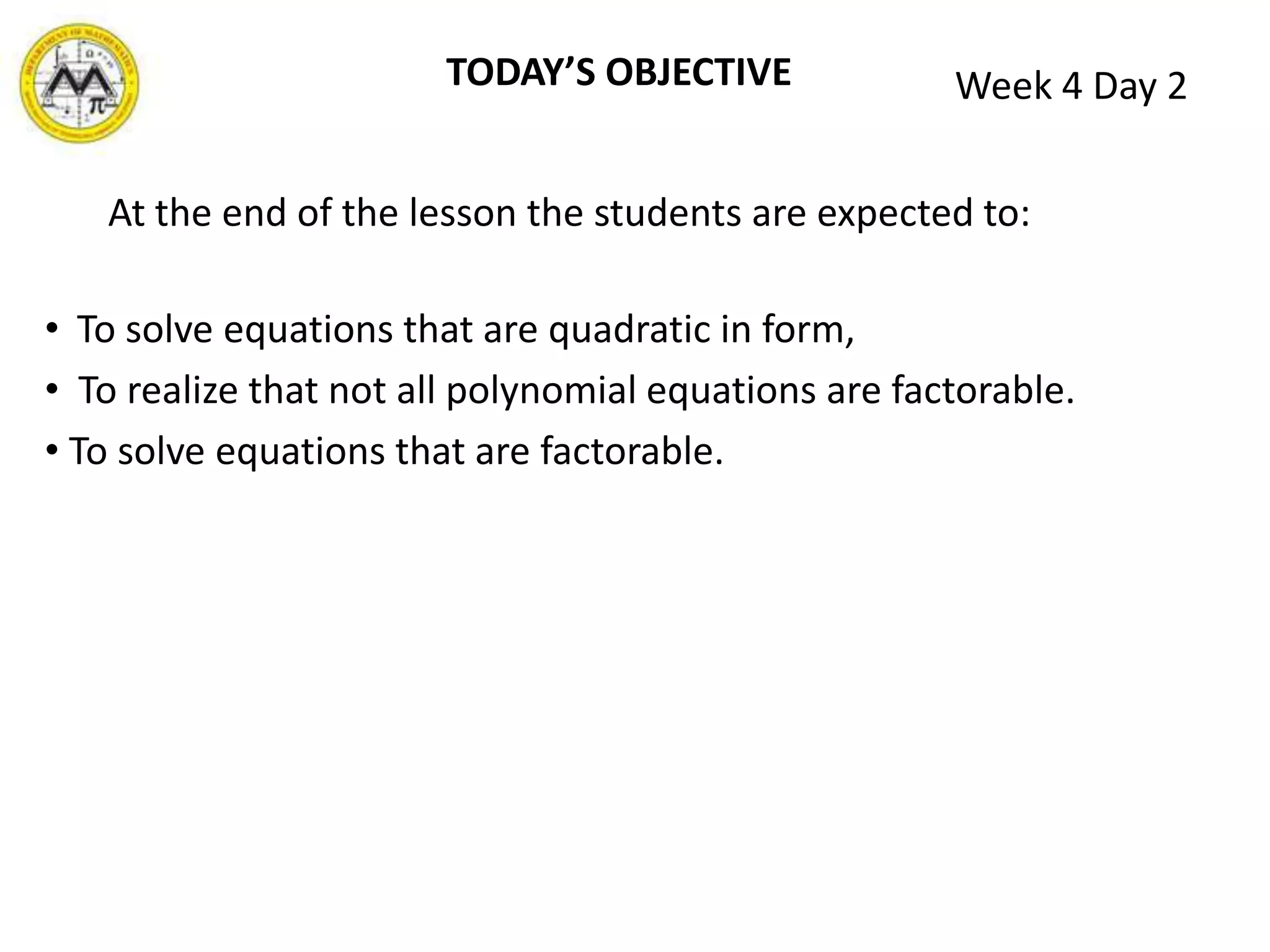  Quadratic formula and completing the square work for all      quadratic equations and can yield three types of solutions: two distinct real rootsone real root (repeated)or two complex roots (conjugates of each other)