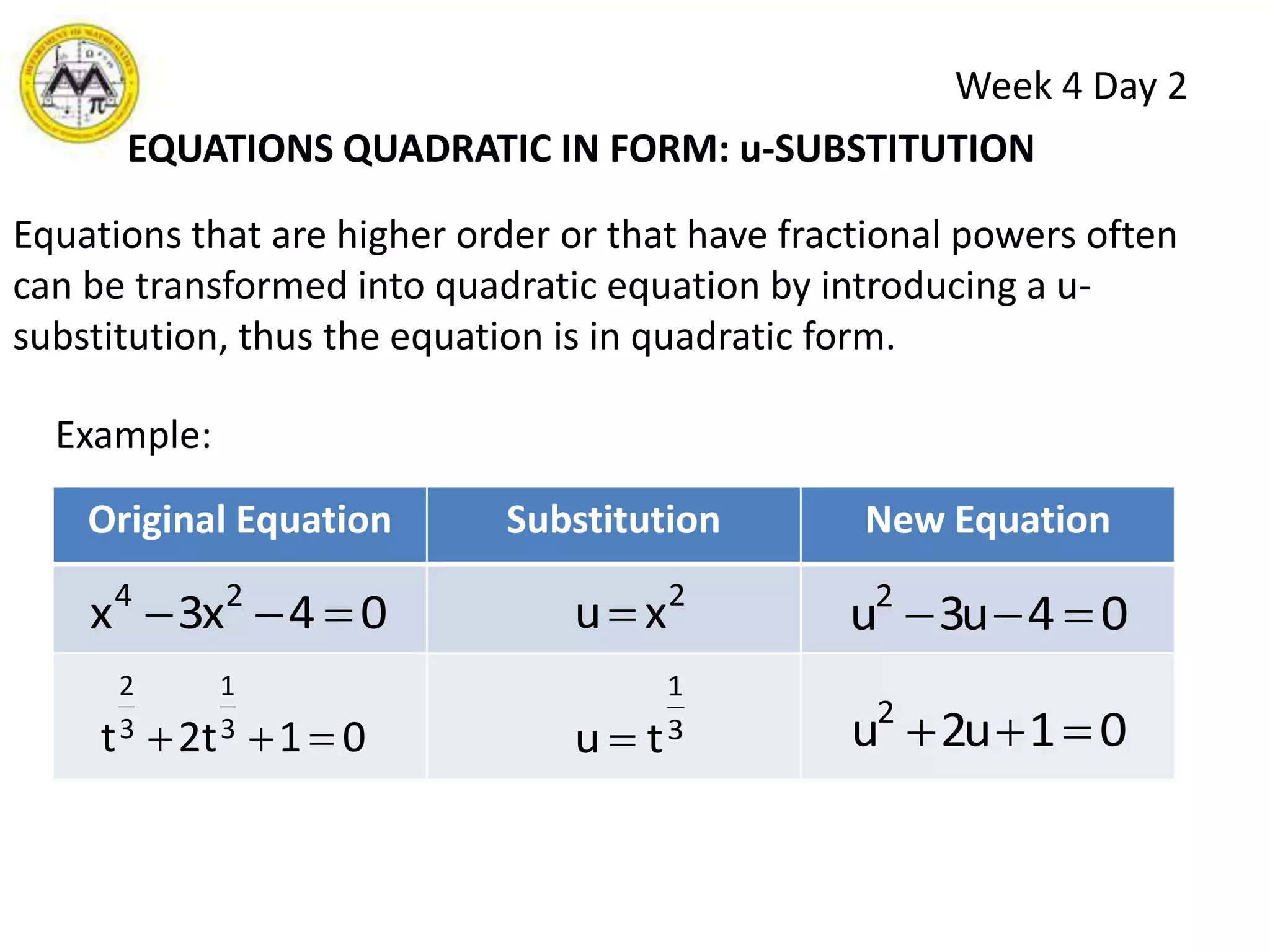 SUM AND PRODUCT OF ROOTS    Recall from the quadratic formula that  when Week 4 Day 1