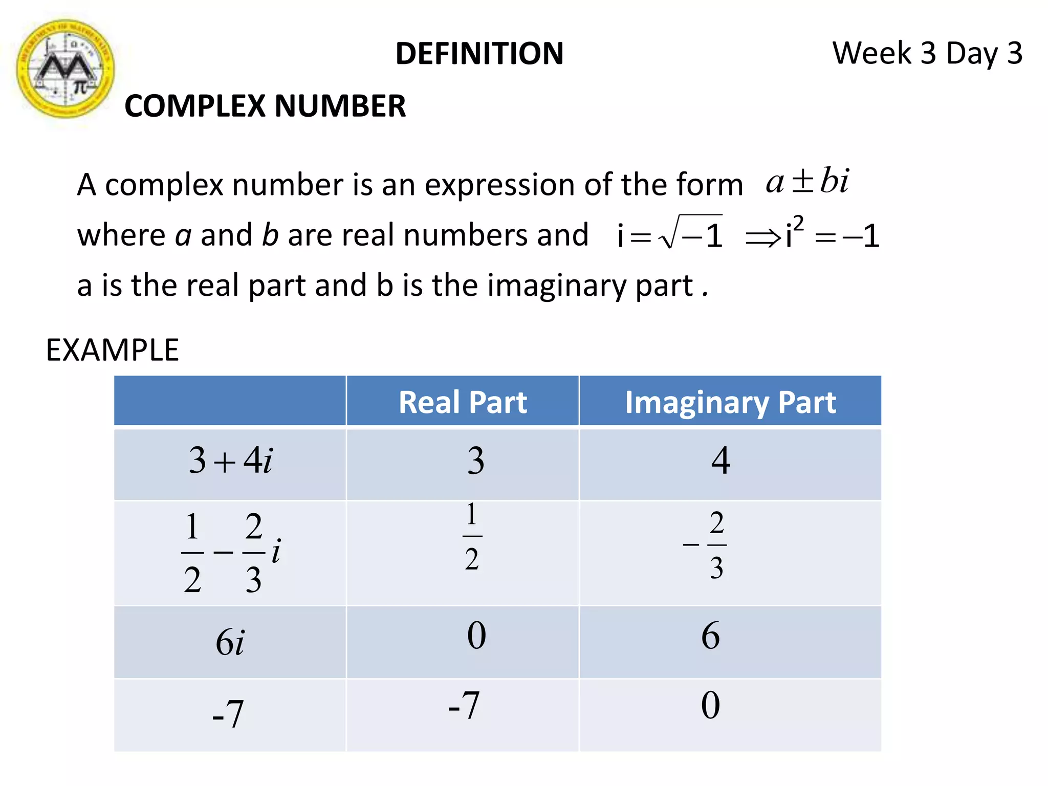 To solve quadratic equations by factoring, square root method, completing the square and quadratic formula. Week 3 Day 3DEFINITIONQUADRATIC EQUATIONA quadratic equation in x  is  an equation that can be written in the standard form where a, b, and c are real numbers and a  0 .a represents the numerical coefficient of x2 , b represents the numerical coefficient of x, and c represents the constant numerical term. Example: