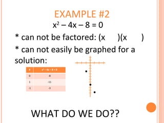 EXAMPLE #2 x 2  – 4x – 8 = 0 * can not be factored: (x  )(x  ) * can not easily be graphed for a solution:  WHAT DO WE DO?? X x 2  – 4x – 8 = 0 0 -8 1 -11 -1 -3 