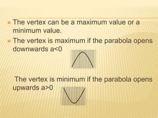  The vertex can be a maximum value or a
  minimum value.
 The vertex is maximum if the parabola opens
  downwards a<0



    The vertex is minimum if the parabola opens
    upwards a>0
 