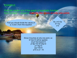 EXAMPLE:

Find the values of p if the graph of quadratic function
f(x)= (2-3p)x² + (4-p)x+2 touches the x axis at only one point.


                                                                 So, a=2-3p
  First you should divide the values of
                                                                   b= 4-p
      a, b and c from this equation
                                                                     c=2




                        Since it touches at only one point, so
                               b²-4ac=0 will be applied.
                                  (4-p)²-4(2-3p)(2)=0
                                  p²-8p+16-16+24p=0
                                       p²+16p=0
                                       p(p+16)=0
                                     p=0 or p= -16
 