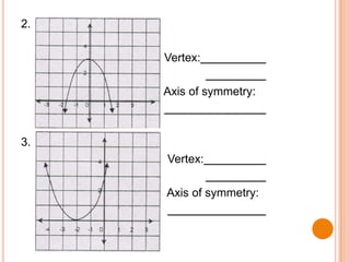 2.
Vertex:

Axis of symmetry:

3.
Vertex:
Axis of symmetry:

 