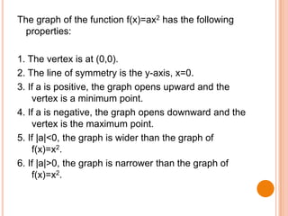 The graph of the function f(x)=ax2 has the following
properties:
1. The vertex is at (0,0).
2. The line of symmetry is the y-axis, x=0.
3. If a is positive, the graph opens upward and the
vertex is a minimum point.
4. If a is negative, the graph opens downward and the
vertex is the maximum point.
5. If |a|<0, the graph is wider than the graph of
f(x)=x2.
6. If |a|>0, the graph is narrower than the graph of
f(x)=x2.

 