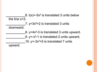 6. t(x)=-5x² is translated 3 units below
the line x=2.
7. y=3x²+2 is translated 3 units
downward.
8. y=4x²-3 is translated 3 units upward.
9. y=-x²-1 is translated 2 units upward.
10. y=-3x²+5 is translated 7 units
upward.

 