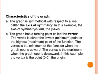 Characteristics of the graph:
a. The graph is symmetrical with respect to a line
called the axis of symmetry. In this example, the
axis of symmetryis x=0, the y-axis.
b. The graph has a turning point called the vertex.
The vertex is either the lowest (minimum) point or
the highest (maximum) point of the function. The
vertex is the minimum of the function when the
graph opens upward. The vertex is the maximum
when the graph opens downward. In this example,
the vertex is the point (0,0), the origin.

 