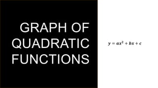 GRAPH OF
QUADRATIC
FUNCTIONS
𝒚 = 𝒂𝒙𝟐 + 𝒃𝒙 + 𝒄
 