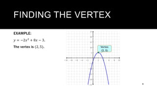 FINDING THE VERTEX
9
EXAMPLE:
𝑦 = −2𝑥2
+ 8𝑥 − 3.
The vertex is (2, 5). Vertex
(2, 5)
 